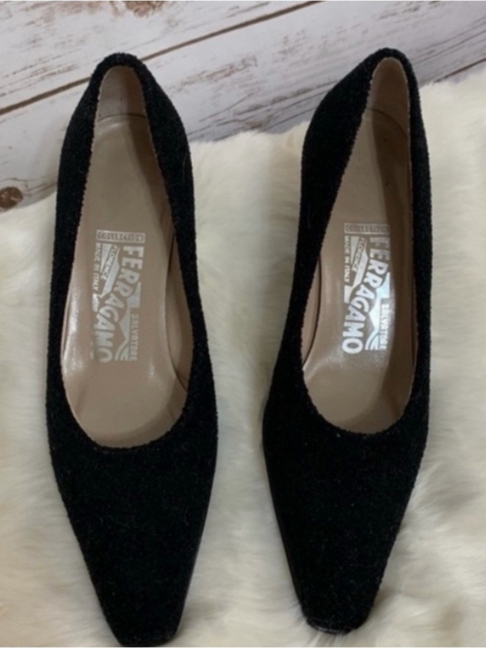 Salvatore Ferragamo Boucle Wool Kitten Heels Size 7.5